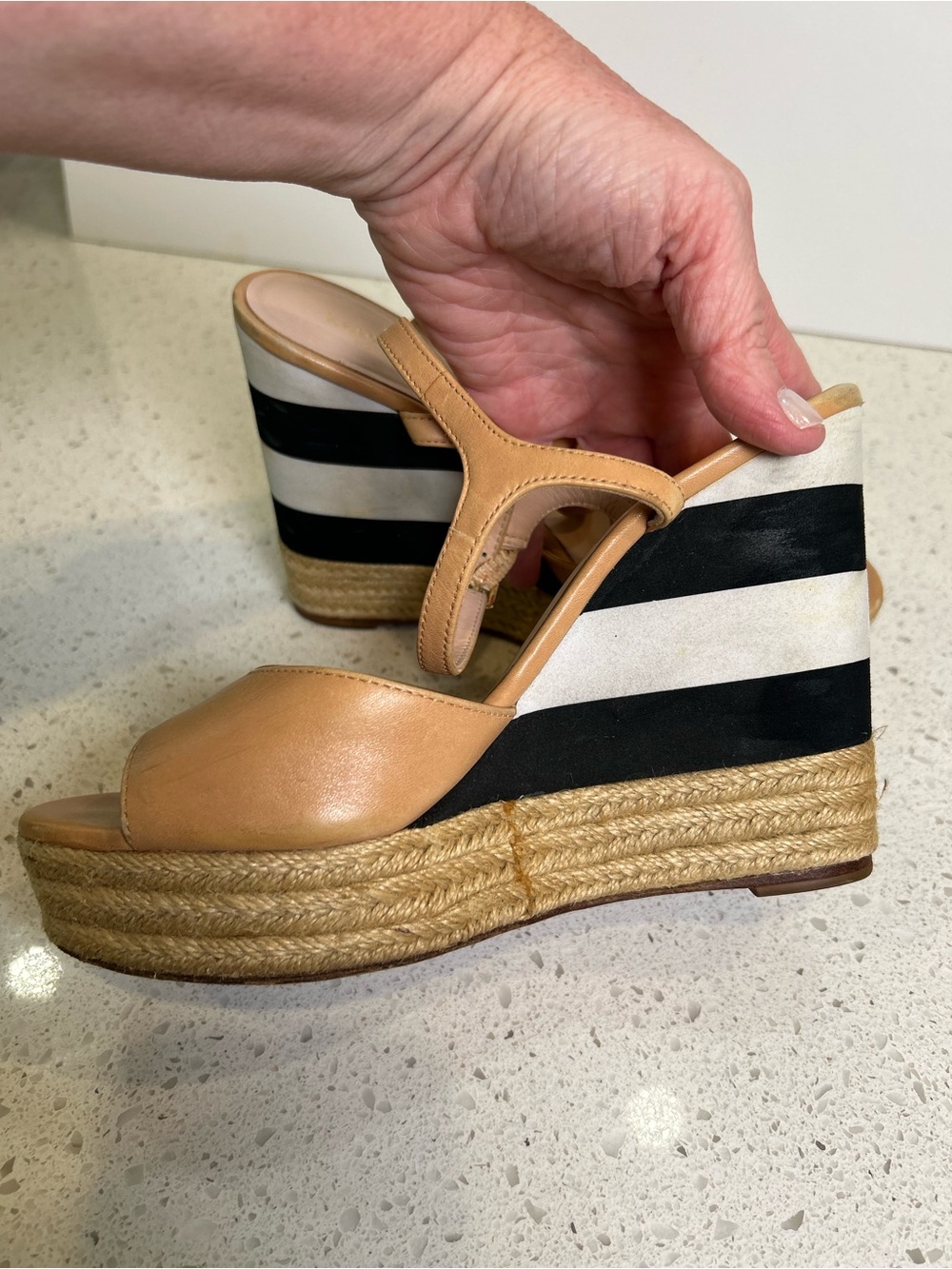 kate spade Tan‎ Espadrille Black & White Stripe Wedge Sandals 8 1/2 - Picture 4 of 9